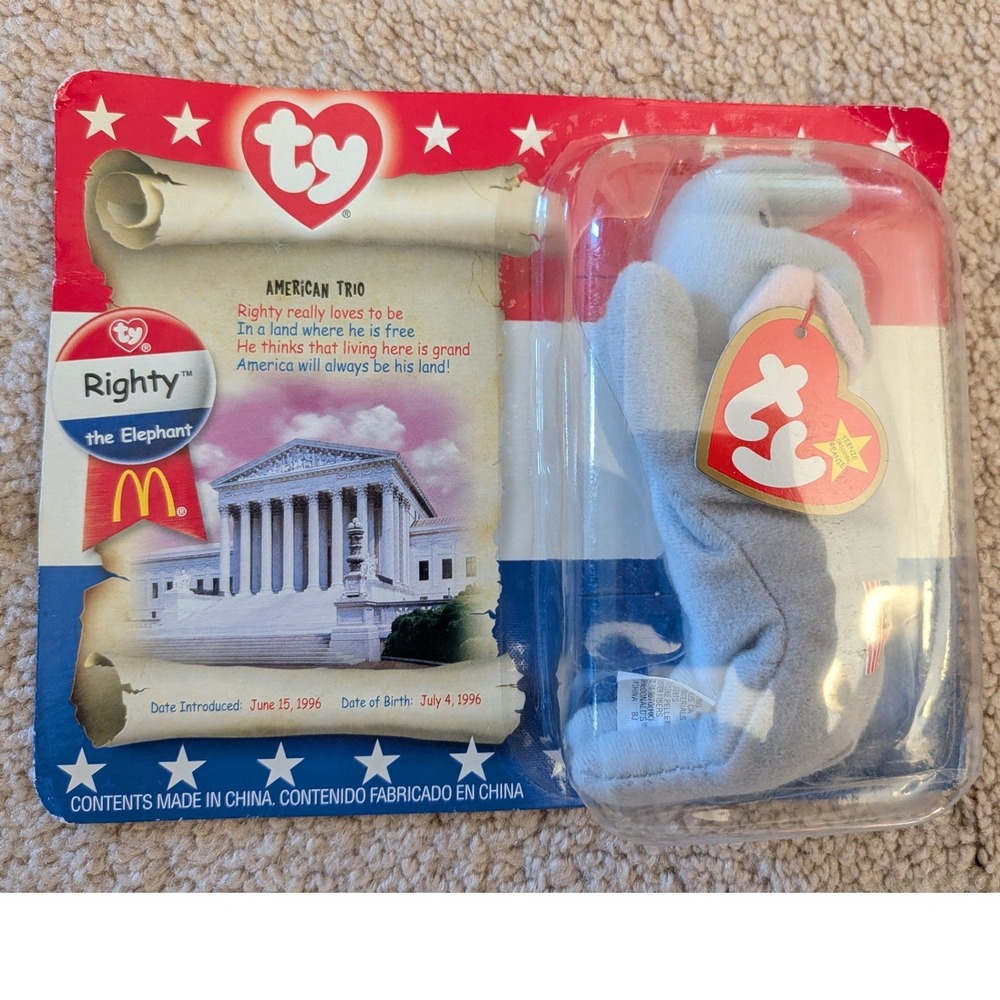 Vintage 2000 McDonald's Teenie Beanie Babies Righty Elephant NIB